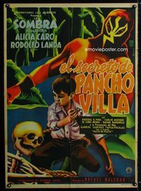 4e129 EL SECRETO DE PANCHO VILLA Mexican poster '57 cool Mendoza art of masked luchador wrestler!