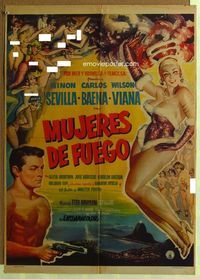 4e165 MUJERES DE FUEGO Mexican poster '59 sexy art of many naked showgirls + full-length dancer!