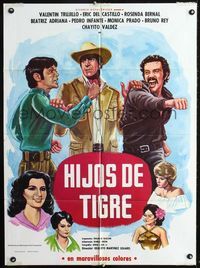 4e138 HIJOS DE TIGRE Mexican movie poster '80 art of big man in cowboy hat stopping fighting men!