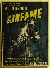 4e147 LA INFAME Mexican poster '53 cool artwork of mother running & holding child by Josep Renau!