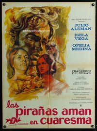 4e153 LAS PIRANAS AMAN EN CUARESMA Mexican movie poster '69 cool cast montage artwork by Guillonay!