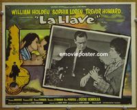 4e956 KEY Mexican movie lobby card '58 close-up of William Holden & Sophia Loren!