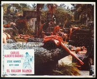 4e958 KING OF THE JUNGLE Mexican movie lobby card '70 Steve Hawkes as Tarzan, image of massacre!