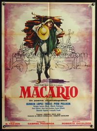4e158 MACARIO Mexican poster '60 cool art of man carrying wood from altar of skulls by Mendoza!