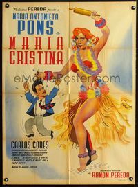 4e160 MARIA CRISTINA Mexican poster '51 Maria Antonieta Pons in sexy hula outfit w/rolling pin!