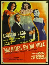 4e166 MUJERES EN MI VIDA Mexican poster '50 art of man playing piano & 3 sexy girls by Juanino!