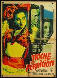 4e169 NOCHE DE PERDICION Mexican movie poster '51 art of super Rosa Carmina with guy behind bars!