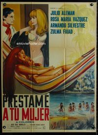 4e178 PRESTAME A TU MUJER Mexican movie poster '69 art of lovers in hammock + topless girls in lake!
