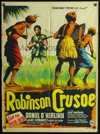 4e181 ROBINSON CRUSOE Mexican poster '54 Luis Bunuel, art of Dan O'Herlihy surrounded by natives!