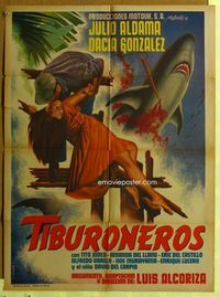 4e189 TIBURONEROS Mexican movie poster '63 cool art of man rescuing sexy girl from shark by Mendoza!