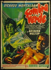 4e183 SOMBRA VERDE Mexican movie poster '56 art of Ricardo Montalban attacked by snake + sexy babe!