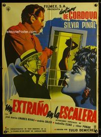 4e190 UN EXTRANO EN LA ESCALERA Mexican poster '55 art of de Cordova pointing gun at naked woman!
