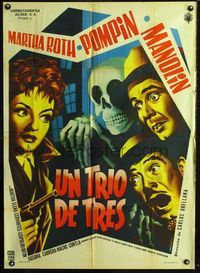 4e193 UN TRIO DE TRES Mexican movie poster '60 wacky art of girl pointing gun at 2 guys & skeleton!