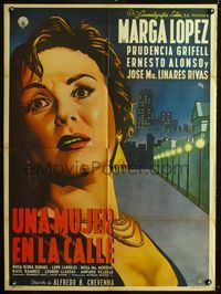 4e195 UNA MUJER EN LA CALLE Mexican movie poster '55 super close up art of scared Marga Lopez!
