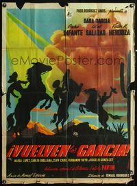 4e198 VUELVEN LOS GARCIA! Mexican movie poster '47 cool art of 3 men on rearing horses by Juanino!