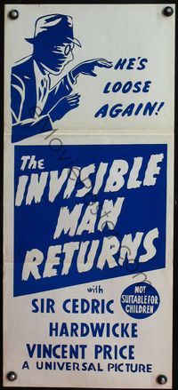 4d405 INVISIBLE MAN RETURNS New Zealand daybill poster R60s really cool art of the invisible man!
