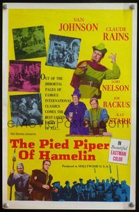 4d408 PIED PIPER OF HAMELIN New Zealand daybill poster '61 great image of Van Johnson with flute!