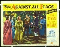 4f382 AGAINST ALL FLAGS LC #6 '52 Anthony Quinn holds sword to Maureen O'Hara, Errol Flynn watches!