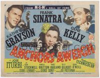 4f018 ANCHORS AWEIGH TC R55 sailors Frank Sinatra & Gene Kelly with Kathryn Grayson, all on phone!