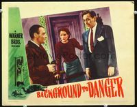 4f421 BACKGROUND TO DANGER LC '43 Peter Lorre holds George Raft & Brenda Marshall at gunpoint!