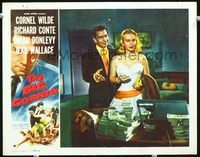 4f443 BIG COMBO movie lobby card '55 Cornel Wilde shows pretty Jean Wallace a huge stack of cash!