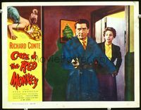 4f500 CASE OF THE RED MONKEY LC '55 c/u of Richard Conte in trenchcoat pointing gun, Rona Anderson
