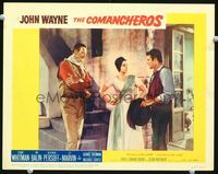 4f516 COMANCHEROS lobby card #1 '61 John Wayne is amused by Ina Balin & Stuart Whitman arguing!