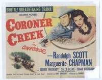 4f059 CORONER CREEK title card '48 Randolph Scott holds Marguerite Chapman as he points his gun!