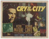 4f067 CRY OF THE CITY TC '48 film noir, cool c/u of Victor Mature, Richard Conte, Shelley Winters