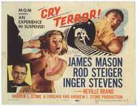 4f068 CRY TERROR TC '58 James Mason, Rod Steiger, Inger Stevens, noir, an experience in suspense!