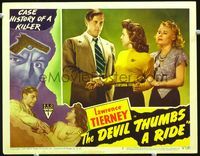 4f544 DEVIL THUMBS A RIDE LC #3 '47 great close up of crazed killer Lawrence Tierney grabbing girl!