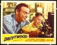 4f554 DRIFTWOOD lobby card #8 '47 Dean Jagger with hair helps young Natalie Wood use microscope!
