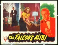 4f567 FALCON'S ALIBI movie lobby card '46 detective Tom Conway spying on girl in hotel room!