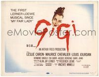 4f112 GIGI title lobby card '58 cool artwork of Leslie Caron, Best Director & Best Picture winner!