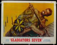 4f611 GLADIATORS SEVEN lobby card #7 '63 bravest Richard Harrison fights to the death in the arena!