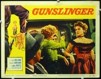 4f634 GUNSLINGER lobby card #7 '56 female outlaw Beverly Garland takes aim at sexy Allison Hayes!