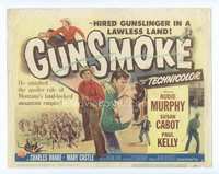 4f119 GUNSMOKE title movie lobby card '53 Audie Murphy is a hired gunslinger in a lawless land!