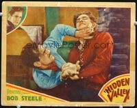 4f655 HIDDEN VALLEY lobby card '32 great close up of bad guy with hand on Bob Steele's throat!