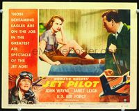 4f704 JET PILOT lobby card #4 '57 John Wayne leans over to sexy Janet Leigh showing leg on bed!