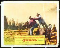 4f712 JUBAL movie lobby card '56 cowboys Glenn Ford dives from fence onto man on horseback!
