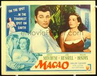 4f759 MACAO movie lobby card #5 '52 sexiest Jane Russell in halter top looks at Robert Mitchum!