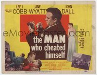 4f186 MAN WHO CHEATED HIMSELF title lobby card '51 Lee J. Cobb stares at gun, sexy Jane Wyatt!