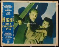 4f798 NIGHT HAS A THOUSAND EYES LC #4 '48 close up of Gail Russell & John Lund hanging from rafter!