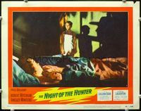 4f801 NIGHT OF THE HUNTER LC #7 '55 great c/u of Billy Chapin by shadow of Mitchum, sister w/doll!