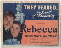 4f228 REBECCA title lobby card R48 Alfred Hitchcock, close up of Laurence Olivier & Joan Fontaine!