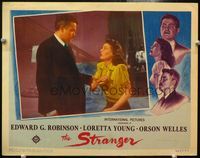 4f909 STRANGER lobby card '46 close up of crazy Nazi Orson Welles grabbing pretty Loretta Young!