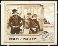 4f925 TAKE A TIP lobby card '22 Tweedy the Dog, jockey romances girl, cool horse racing border art!