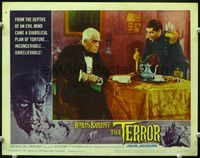 4f930 TERROR lobby card #3 '63 Jack Nicholson confronts Boris Karloff at dinner table, Roger Corman