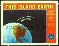 4f939 THIS ISLAND EARTH LC #5 '55 classic image of alien space ship in space hovering over Earth!