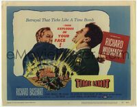 4f321 TIME LIMIT title lobby card '57 artwork of Richard Widmark punching officer in the face!